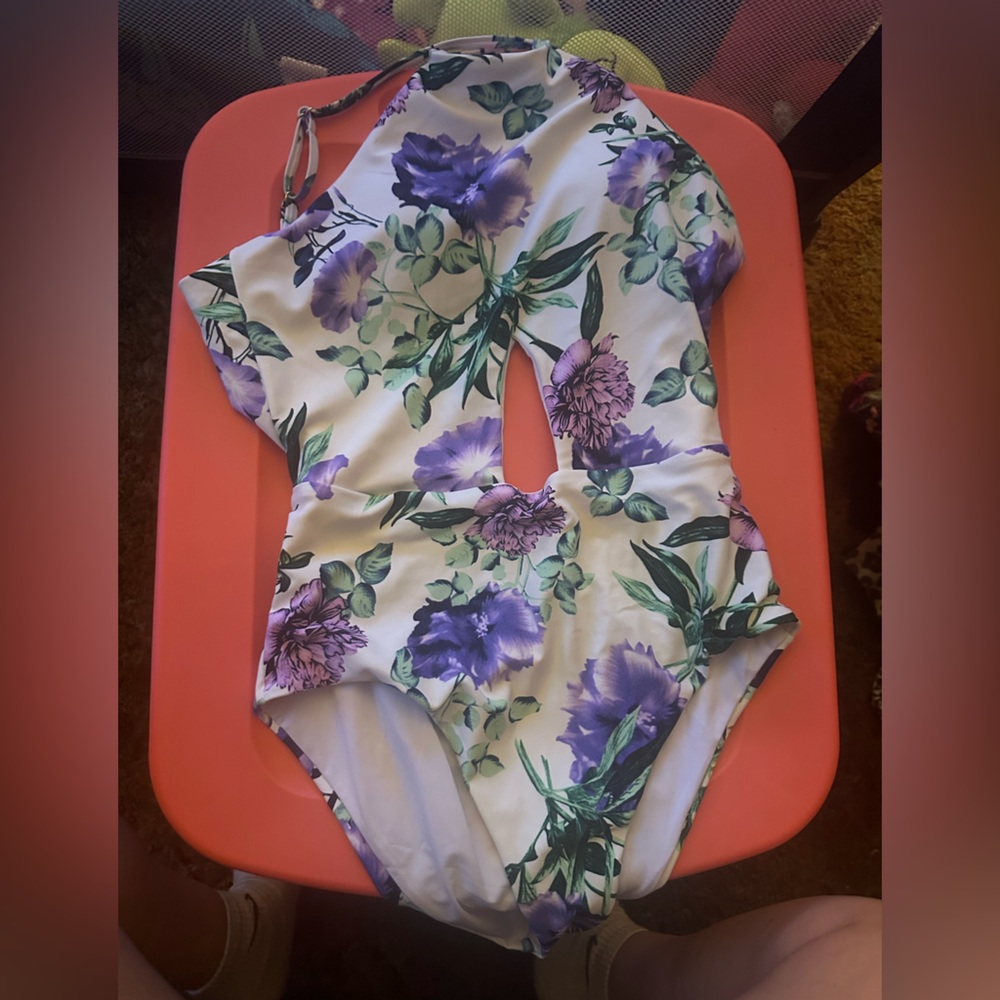 Pink Lily Floral One Piece Swimsuit - Purple and Green